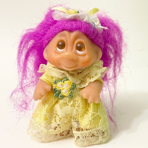 Vtg 1986 Dam Troll Mini Purple Hair Yellow Dress - Picture 3 of 16